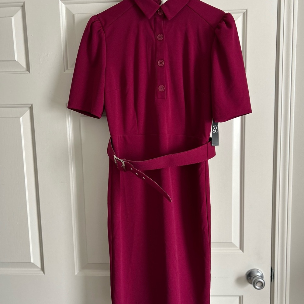 (SOLD) Elegant Burgundy Belted Dress - Picture 2 of 4